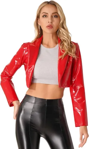 easyforever Women's Patent Leather Jacket Shiny Metallic Long Sleeve Cropped Motorcycle Coat