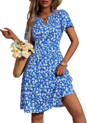 FENSACE Summer Short Sleeve V Neck Dress A Line Elegant Floral Midi Sundresses with Pockets
