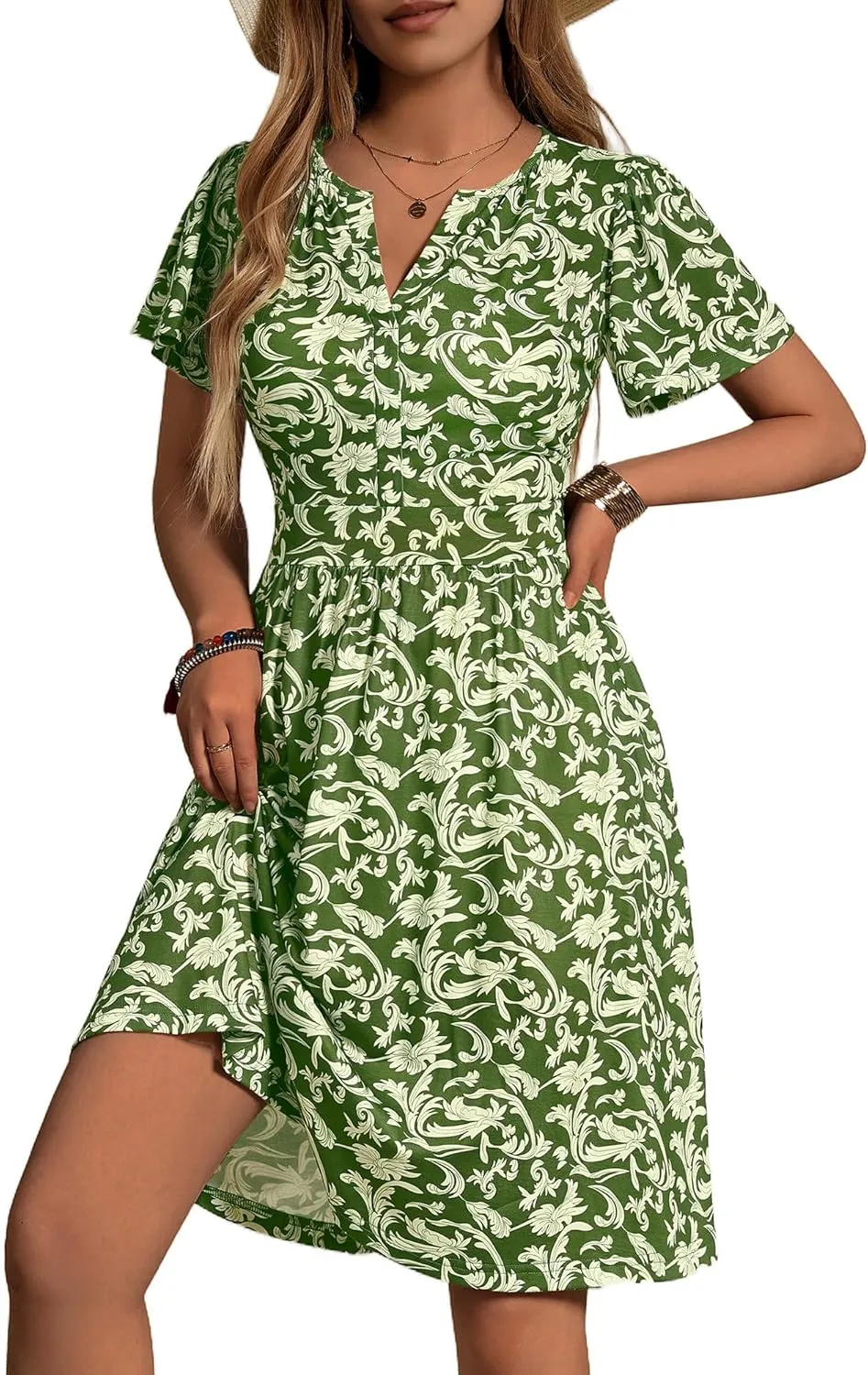 FENSACE Summer Short Sleeve V Neck Dress A Line Elegant Floral Midi Sundresses with Pockets