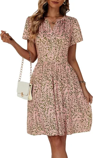 FENSACE Summer Short Sleeve V Neck Dress A Line Elegant Floral Midi Sundresses with Pockets