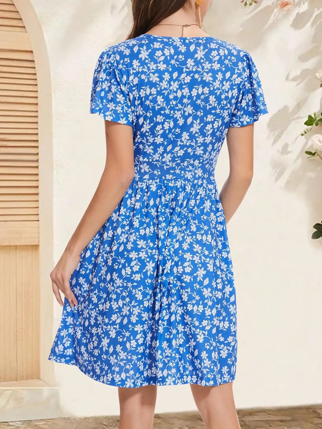 FENSACE Summer Short Sleeve V Neck Dress A Line Elegant Floral Midi Sundresses with Pockets