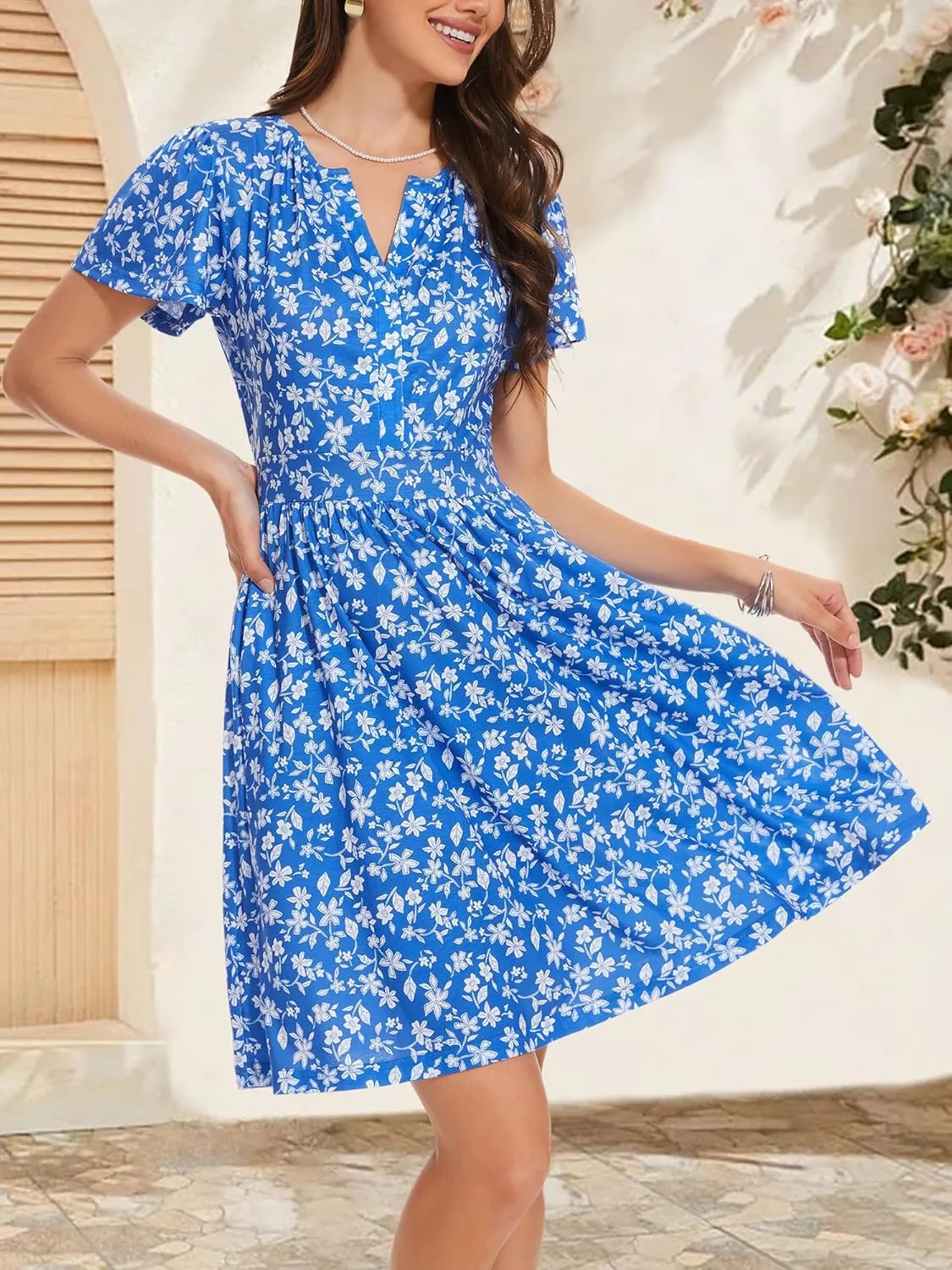 FENSACE Summer Short Sleeve V Neck Dress A Line Elegant Floral Midi Sundresses with Pockets