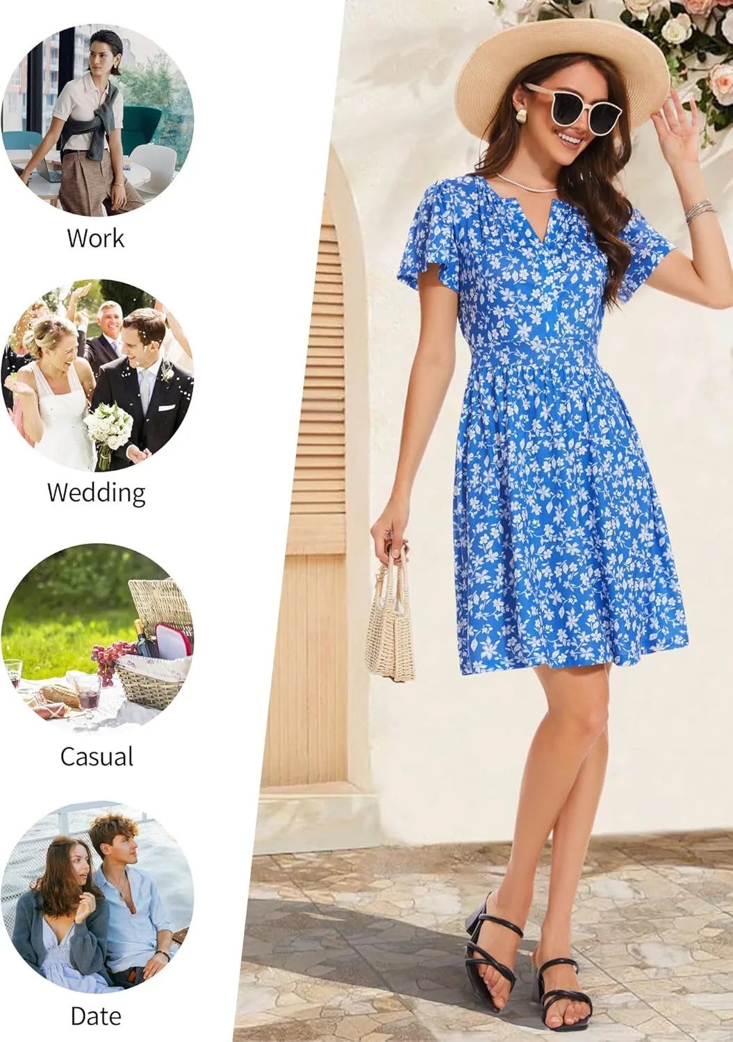 FENSACE Summer Short Sleeve V Neck Dress A Line Elegant Floral Midi Sundresses with Pockets