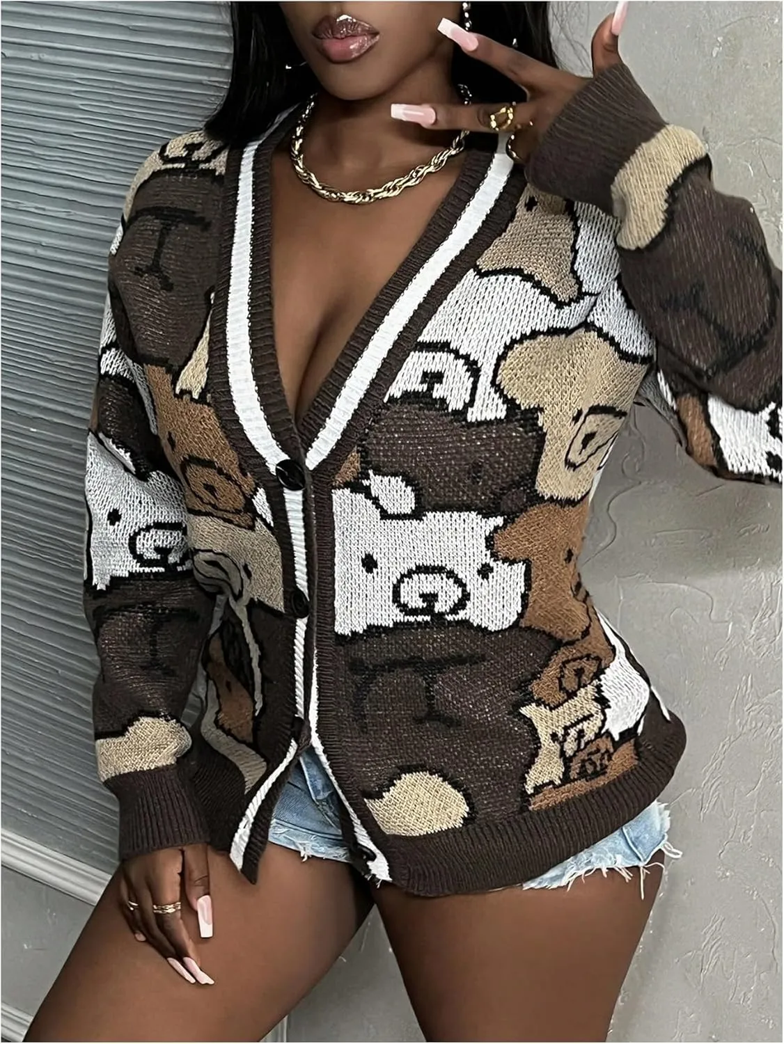 GORGLITTER Women's Cartoon Bear Graphic Sweater Cardigan Long Sleeve Button Down Deep V Neck Knit Cardigan