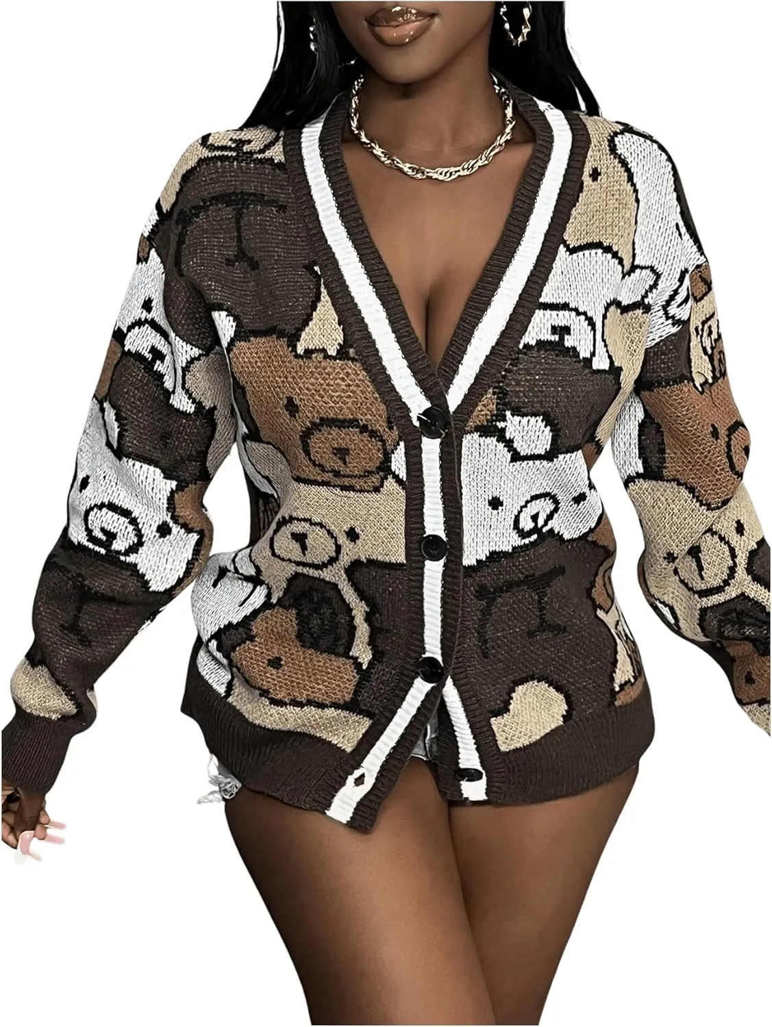 GORGLITTER Women's Cartoon Bear Graphic Sweater Cardigan Long Sleeve Button Down Deep V Neck Knit Cardigan