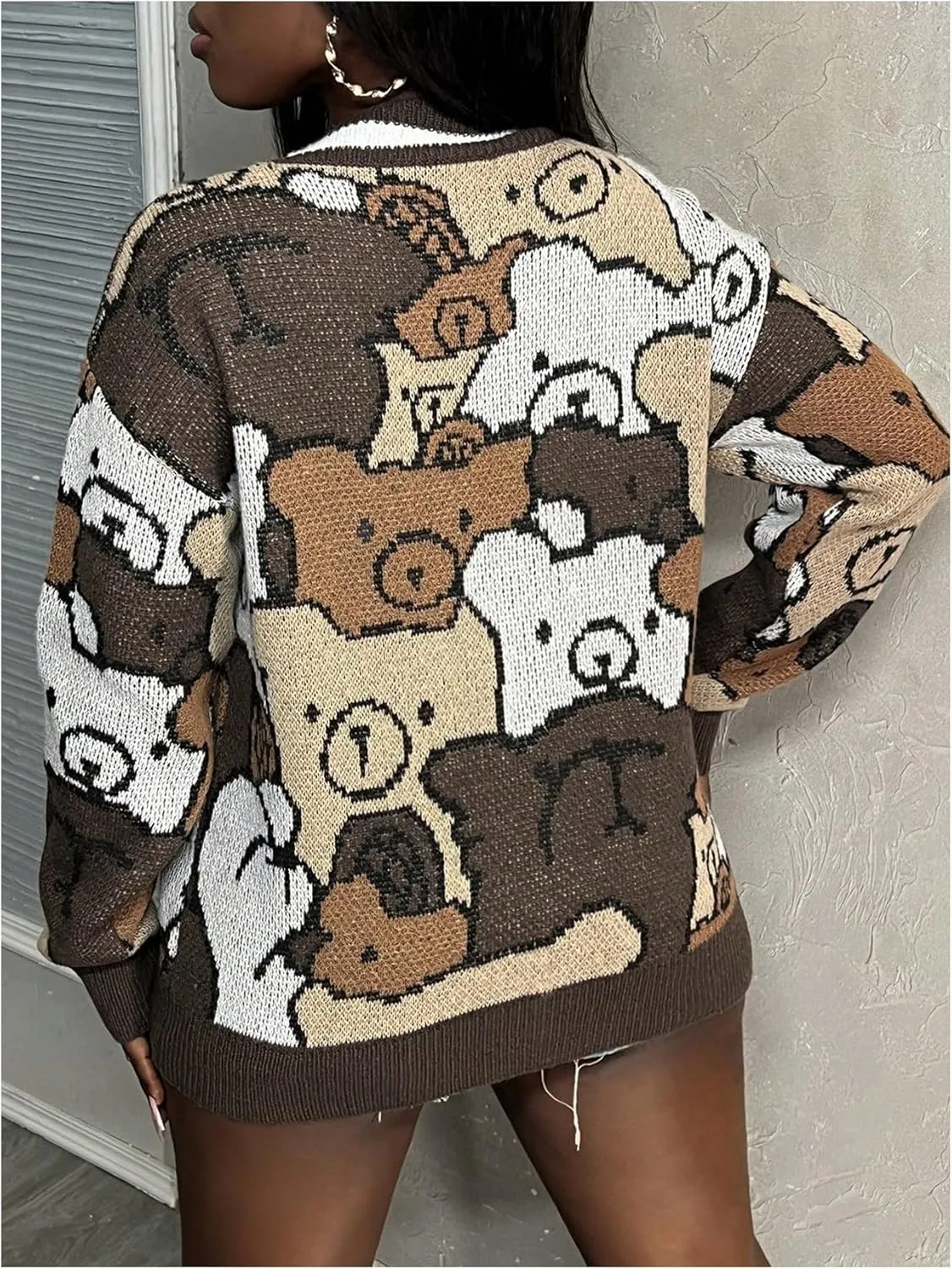 GORGLITTER Women's Cartoon Bear Graphic Sweater Cardigan Long Sleeve Button Down Deep V Neck Knit Cardigan
