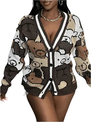 GORGLITTER Women's Cartoon Bear Graphic Sweater Cardigan Long Sleeve Button Down Deep V Neck Knit Cardigan