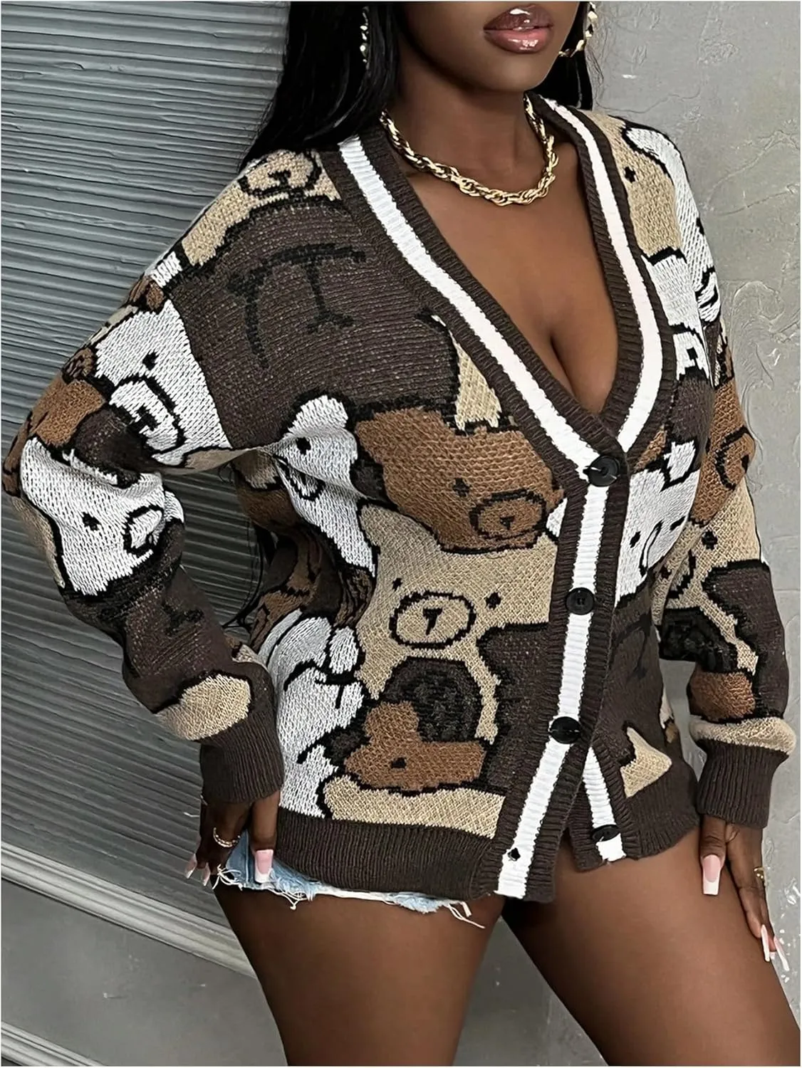 GORGLITTER Women's Cartoon Bear Graphic Sweater Cardigan Long Sleeve Button Down Deep V Neck Knit Cardigan