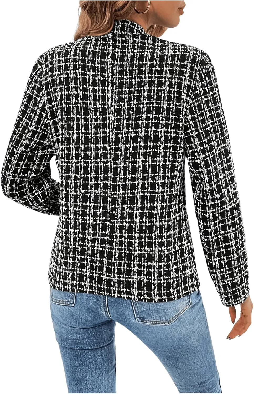 GORGLITTER Women's Plaid Open Front Blazer Coat Notched Collar Long Sleeve Jacket