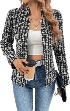 GORGLITTER Women's Plaid Open Front Blazer Coat Notched Collar Long Sleeve Jacket