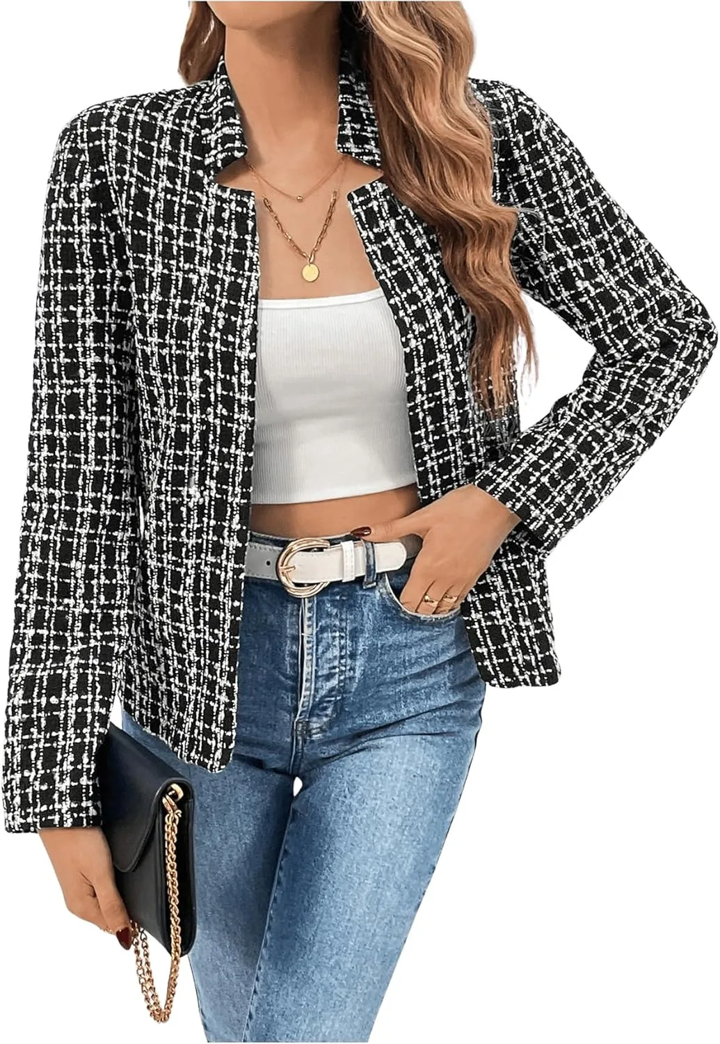GORGLITTER Women's Plaid Open Front Blazer Coat Notched Collar Long Sleeve Jacket
