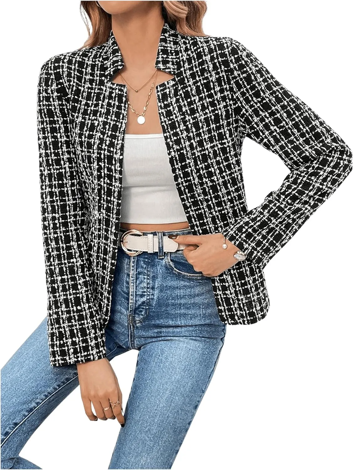 GORGLITTER Women's Plaid Open Front Blazer Coat Notched Collar Long Sleeve Jacket