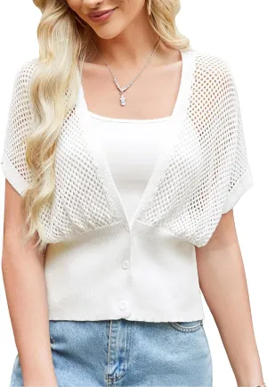 GRACE KARIN 2025 Women Short Sleeve Crochet Cardigan Summer Draped V-Neck Bolero Shrug Sweater Hollow Out Beach Cover Up