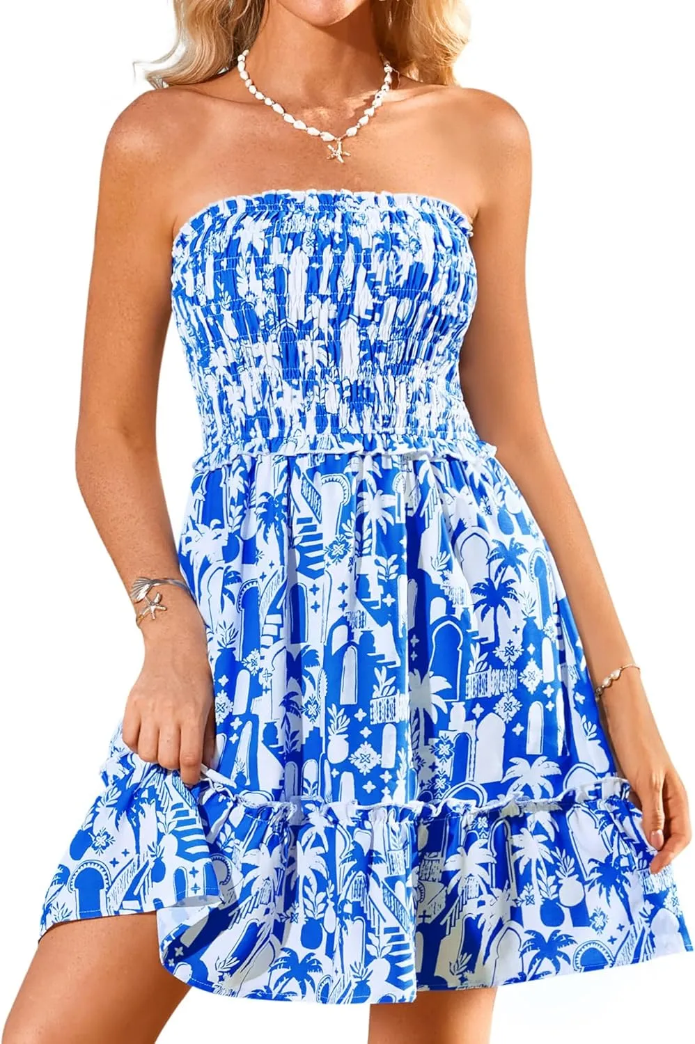 GRACE KARIN Women's Summer Strapless Smocked Tube Dress 2025 Sleeveless Off Shoulder Beach Boho Mini Sundress Blue Floral Small