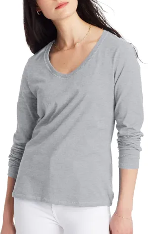Hanes Womens Originals Long Sleeve Cotton V-Neck T-Shirt, Lightweight V-Neck Tee, Modern Fit