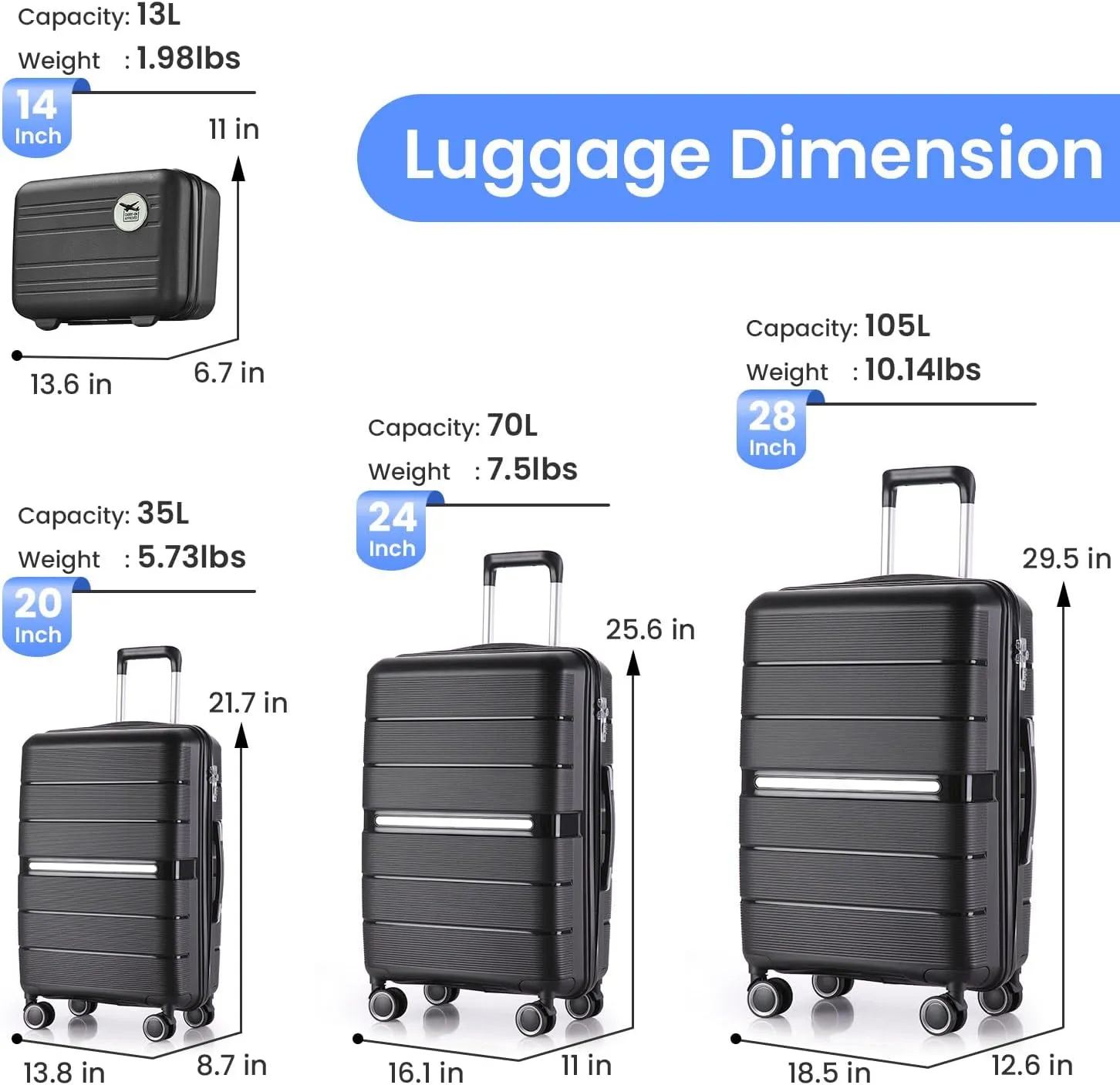 Henf 4 Piece Hardside Luggage Set(14/20/24/28), Lightweight Hardshell Suitcase Set, Expandable Carry On Luggage Set with Double Spinner Wheels,TSA Lock,Travel Rolling Suitcase Clearance for Women Men