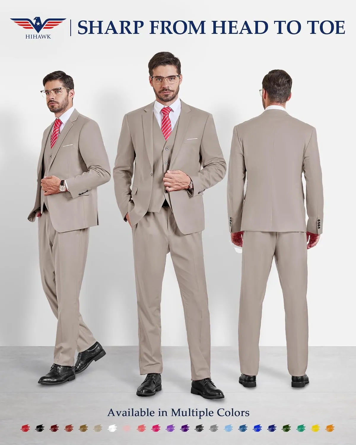 Hihawk Men's Slim Fit 3 Pieces Suit, One Button Blazer Set, Jacket Vest and Pants for Wedding Party Business Prom