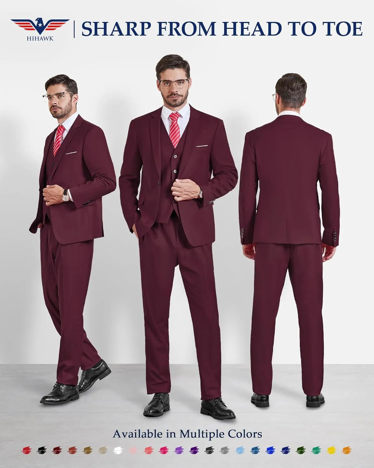 Hihawk Men's Slim Fit 3 Pieces Suit, One Button Blazer Set, Jacket Vest and Pants for Wedding Party Business Prom