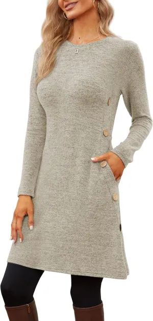 Jar of Love Women's Long Sleeve Scoop Neck Button Side Causal Fall Dress with Pockets