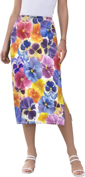 Joisal Gricolor Pansy Flower Women's Pencil Skirt High Waist Long Skirt, Ladies Skirts Casual Skirts