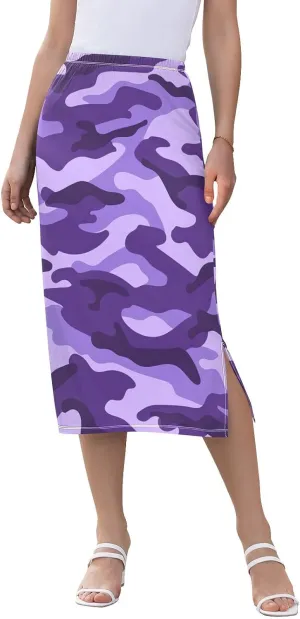 Joisal Purple Camouflage Womens Pencil Skirt Women's Skirt with Slit, Women's Long Skirt Elastic Skirt
