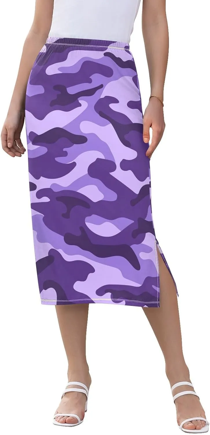 Joisal Purple Camouflage Womens Pencil Skirt Women's Skirt with Slit, Women's Long Skirt Elastic Skirt