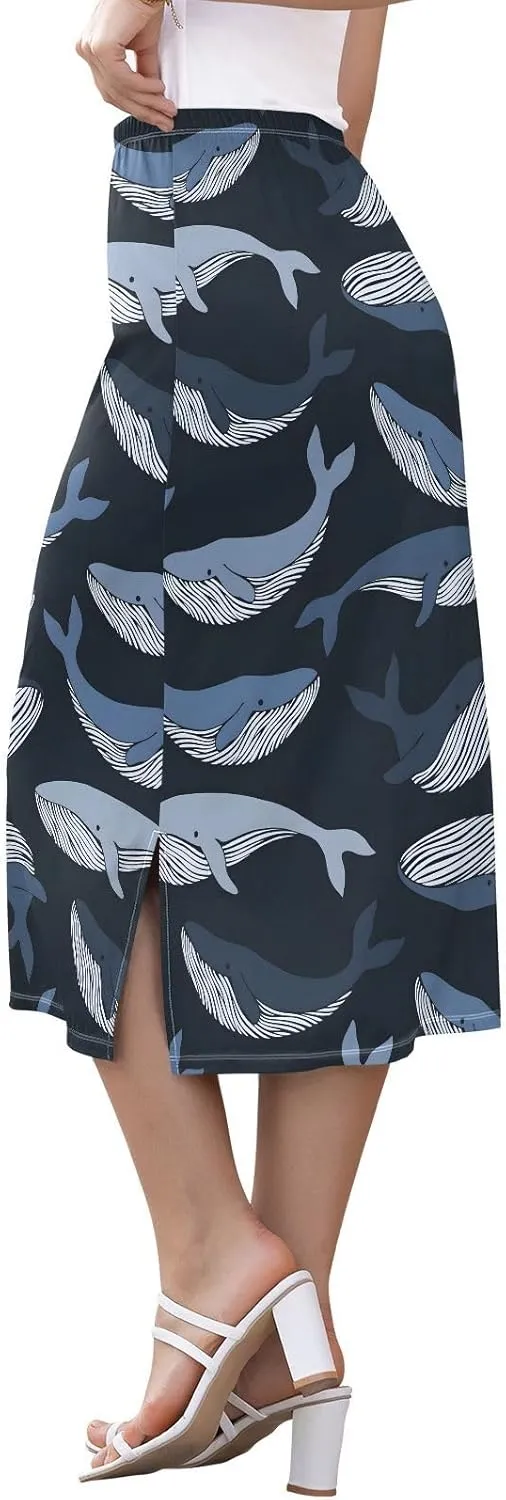 Joisal Trendy Whales Navy Skirt Midi Length High Waist Skirt, Womens Skirts Skirts for Summer