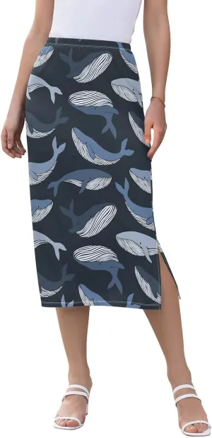 Joisal Trendy Whales Navy Skirt Midi Length High Waist Skirt, Womens Skirts Skirts for Summer