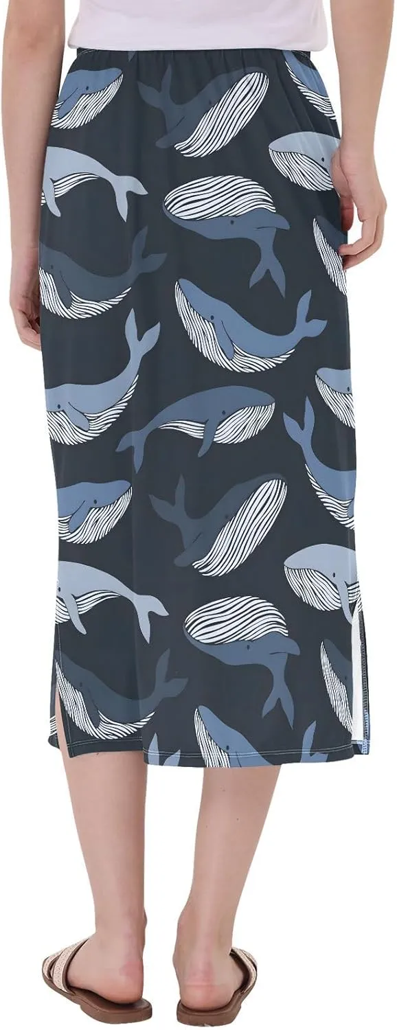 Joisal Trendy Whales Navy Skirt Midi Length High Waist Skirt, Womens Skirts Skirts for Summer