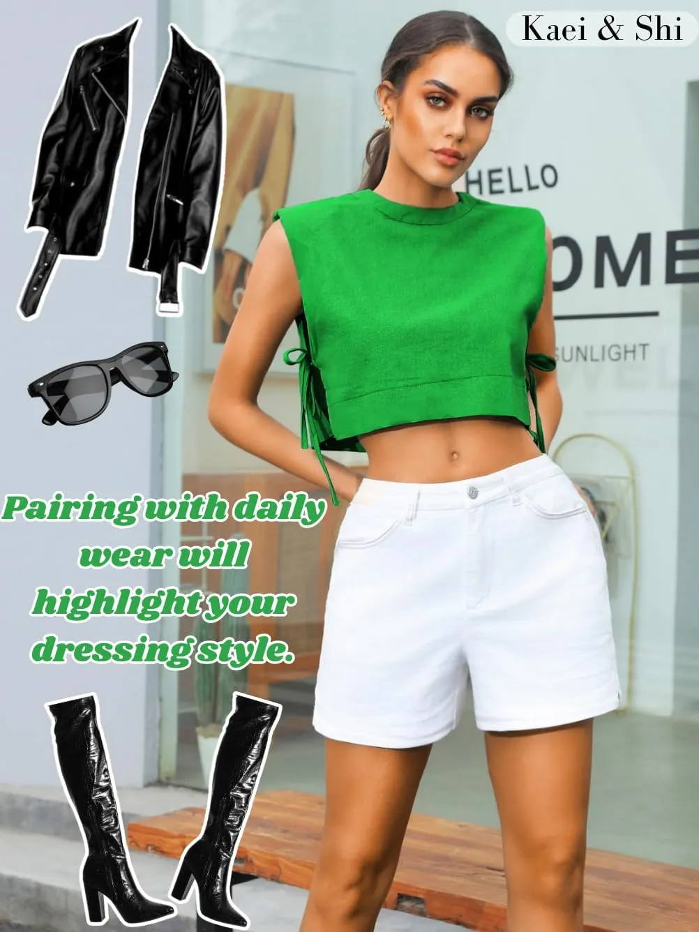 Kaei&Shi Casual Linen Two Piece Set Women,Sexy Drawstring High Waisted Wide Leg Pants,Sleeveless Crop Top,Summer Outfit