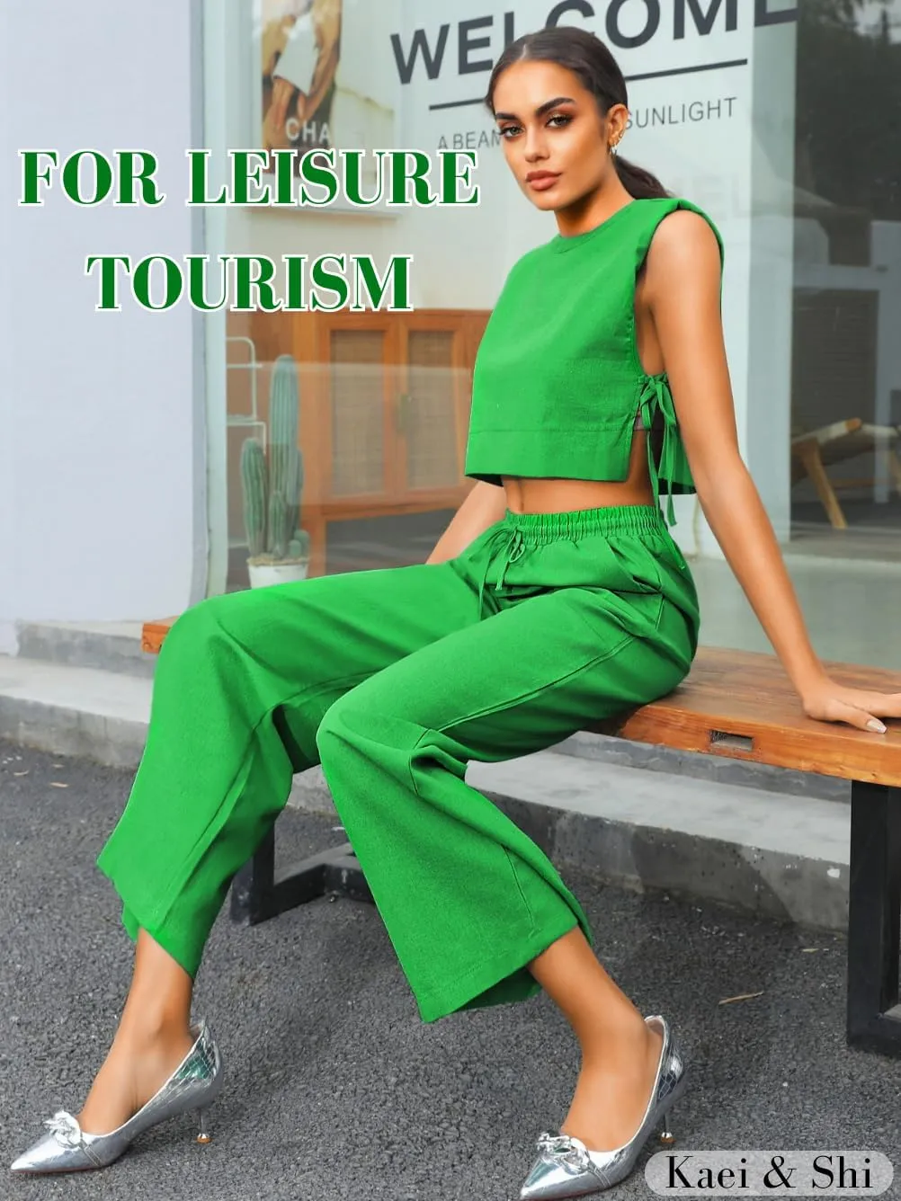 Kaei&Shi Casual Linen Two Piece Set Women,Sexy Drawstring High Waisted Wide Leg Pants,Sleeveless Crop Top,Summer Outfit