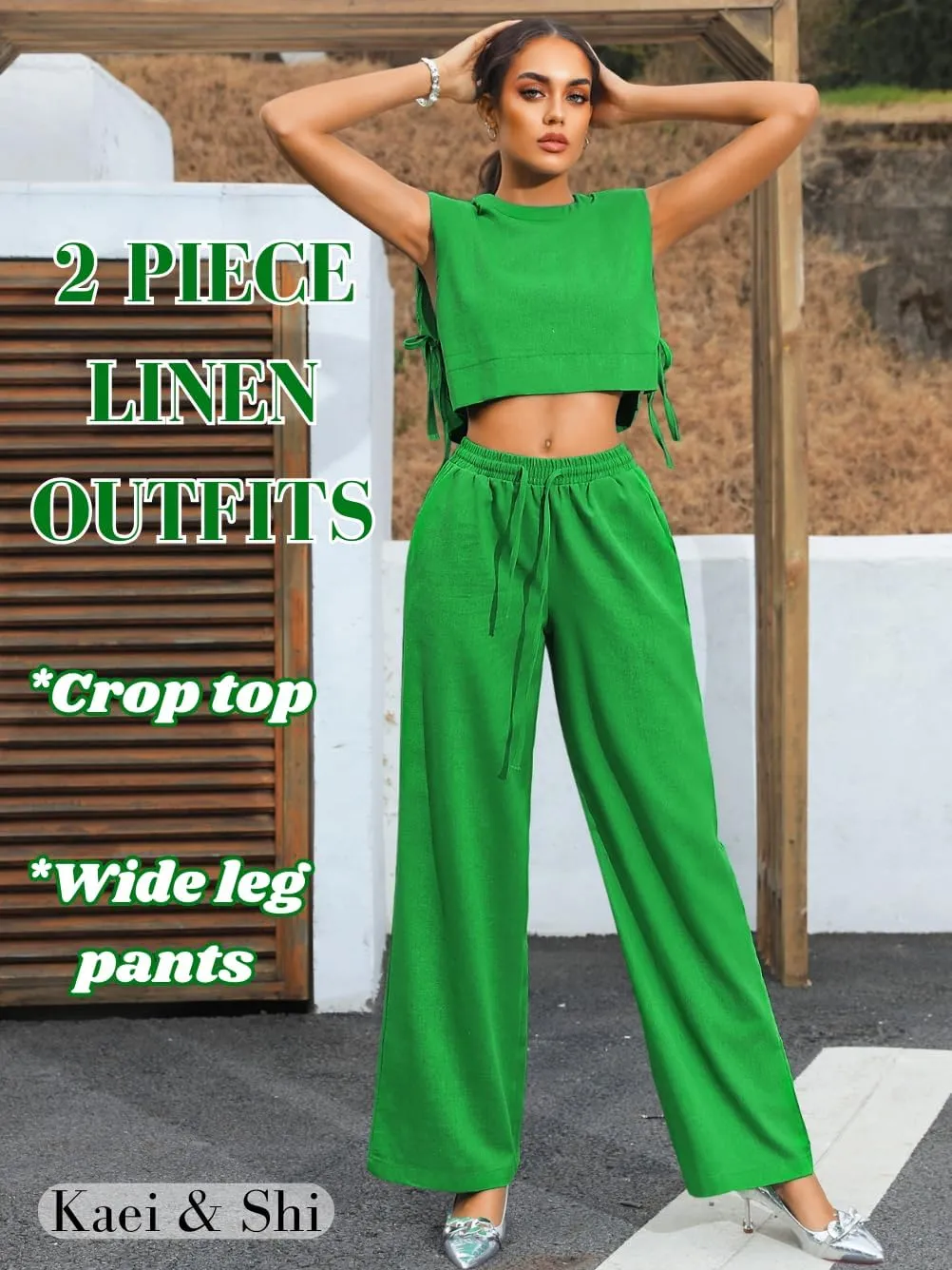 Kaei&Shi Casual Linen Two Piece Set Women,Sexy Drawstring High Waisted Wide Leg Pants,Sleeveless Crop Top,Summer Outfit