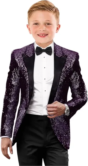 Kids Tuxedo Suits for Boys Sequin Slim Fit Dress Clothes Formal 2 Piece Prom Party Shiny Tuxedo Blazer Pants Bowtie
