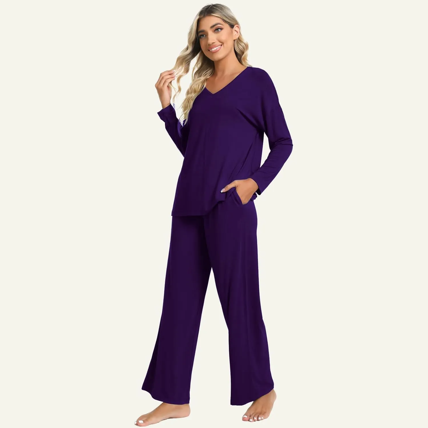 LazyCozy Bamboo Viscose Pajama Sets for Women 2 Piece Long Sleeve V Neck Sleepwear