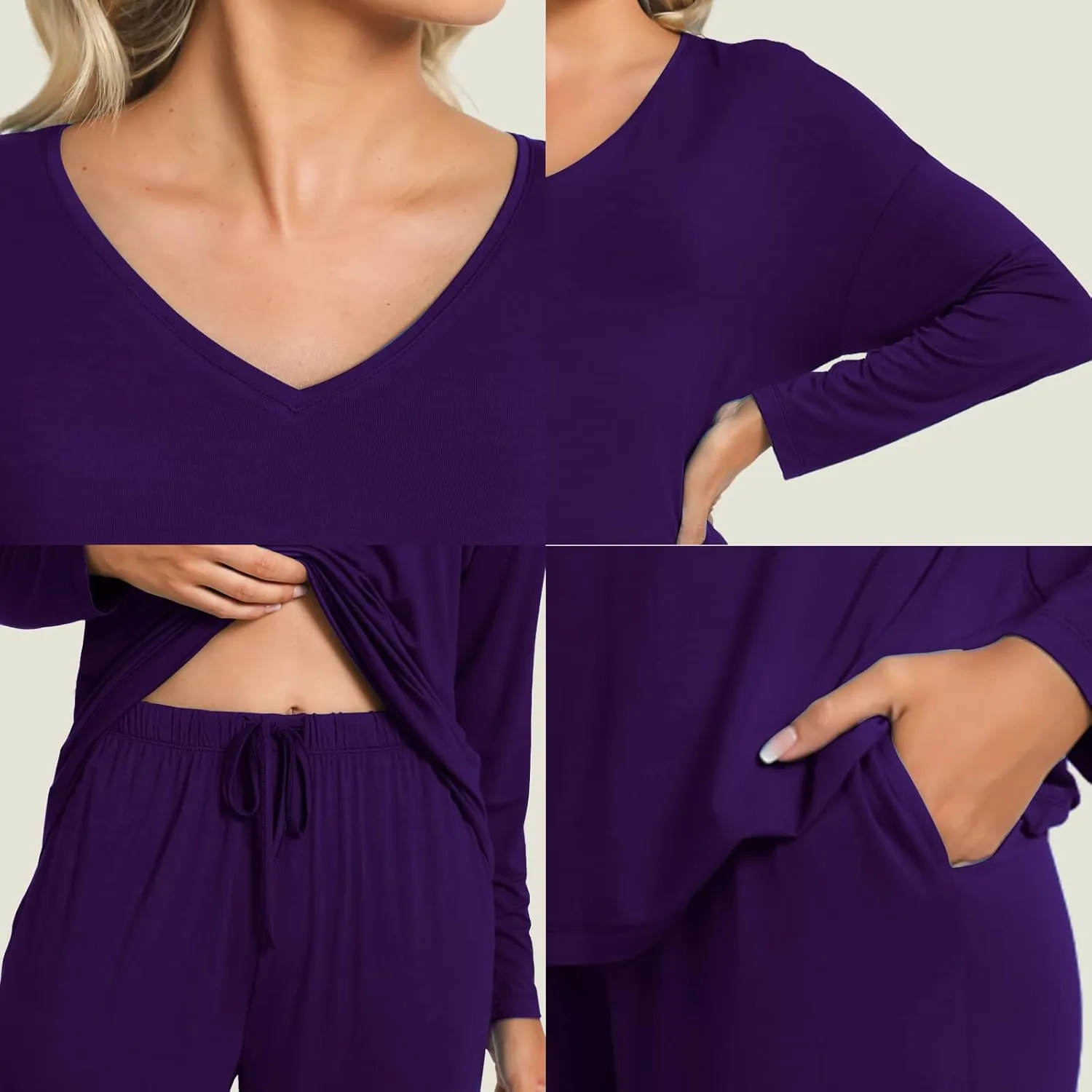 LazyCozy Bamboo Viscose Pajama Sets for Women 2 Piece Long Sleeve V Neck Sleepwear