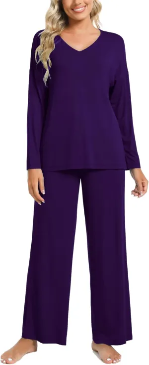 LazyCozy Bamboo Viscose Pajama Sets for Women 2 Piece Long Sleeve V Neck Sleepwear