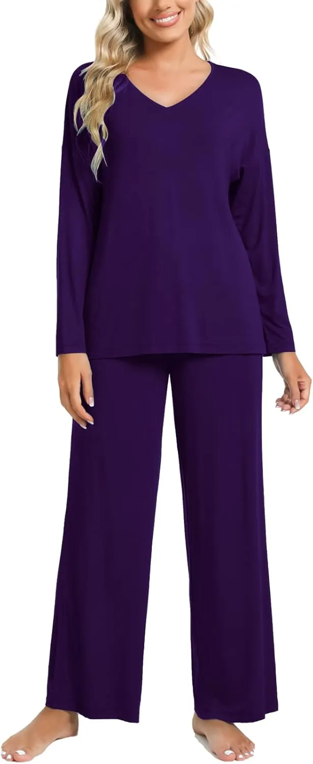 LazyCozy Bamboo Viscose Pajama Sets for Women 2 Piece Long Sleeve V Neck Sleepwear