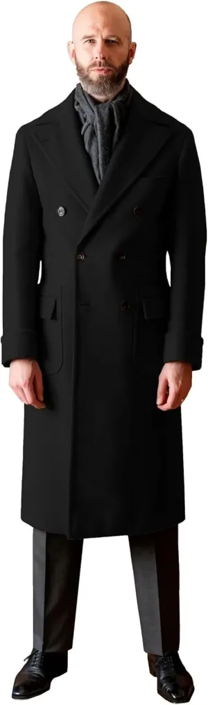Leisure Men's Cashmere Long Overcoat Double Breasted Pea Jacket Notch Lapel Winter Trench Coat Regular Fit Jacket