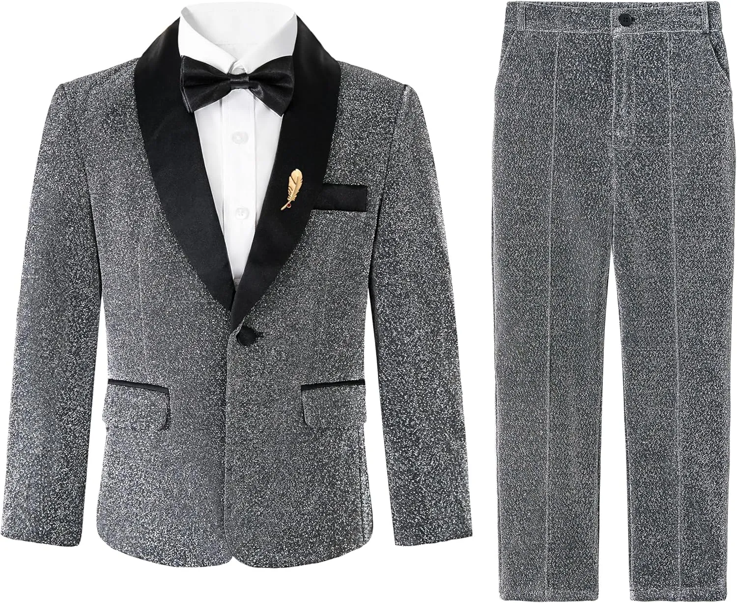LOLANTA 4Pcs Boys Shiny Suits, Formal Tuxedo Kids Glitter Performance Blazer and Pants with Shirt for Christmas 5-12 Years