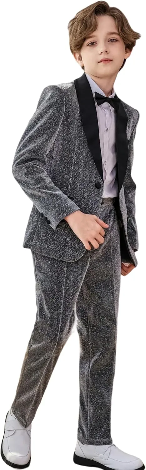 LOLANTA 4Pcs Boys Shiny Suits, Formal Tuxedo Kids Glitter Performance Blazer and Pants with Shirt for Christmas 5-12 Years