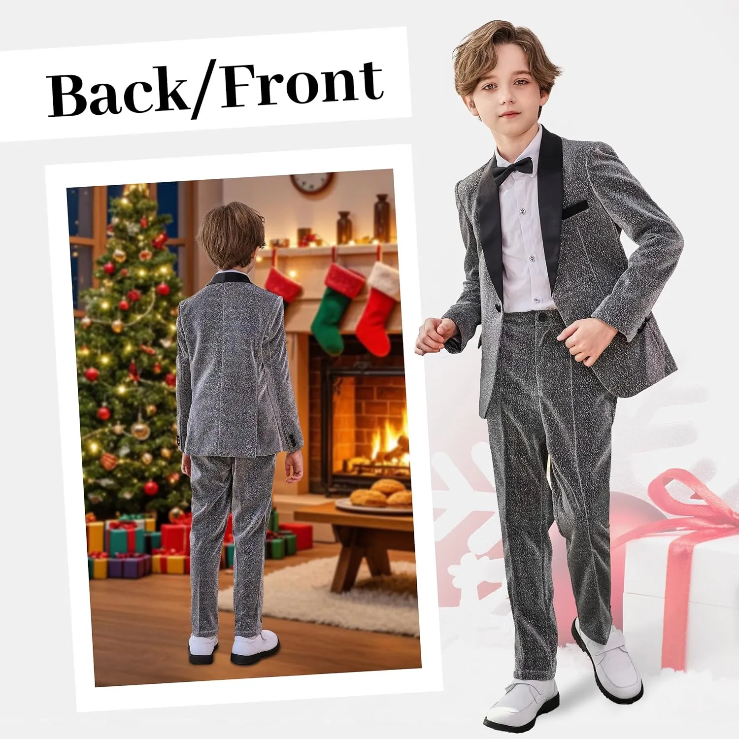 LOLANTA 4Pcs Boys Shiny Suits, Formal Tuxedo Kids Glitter Performance Blazer and Pants with Shirt for Christmas 5-12 Years
