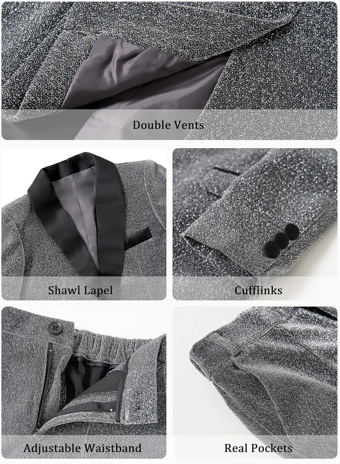 LOLANTA 4Pcs Boys Shiny Suits, Formal Tuxedo Kids Glitter Performance Blazer and Pants with Shirt for Christmas 5-12 Years
