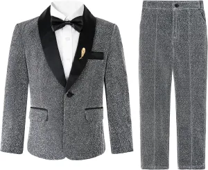 LOLANTA 4Pcs Boys Shiny Suits, Formal Tuxedo Kids Glitter Performance Blazer and Pants with Shirt for Christmas 5-12 Years