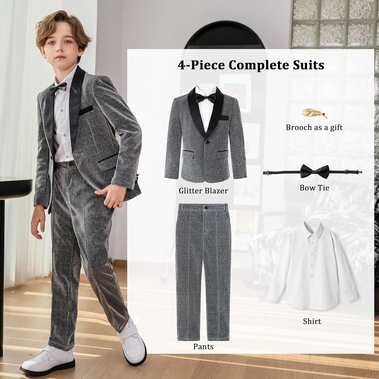 LOLANTA 4Pcs Boys Shiny Suits, Formal Tuxedo Kids Glitter Performance Blazer and Pants with Shirt for Christmas 5-12 Years