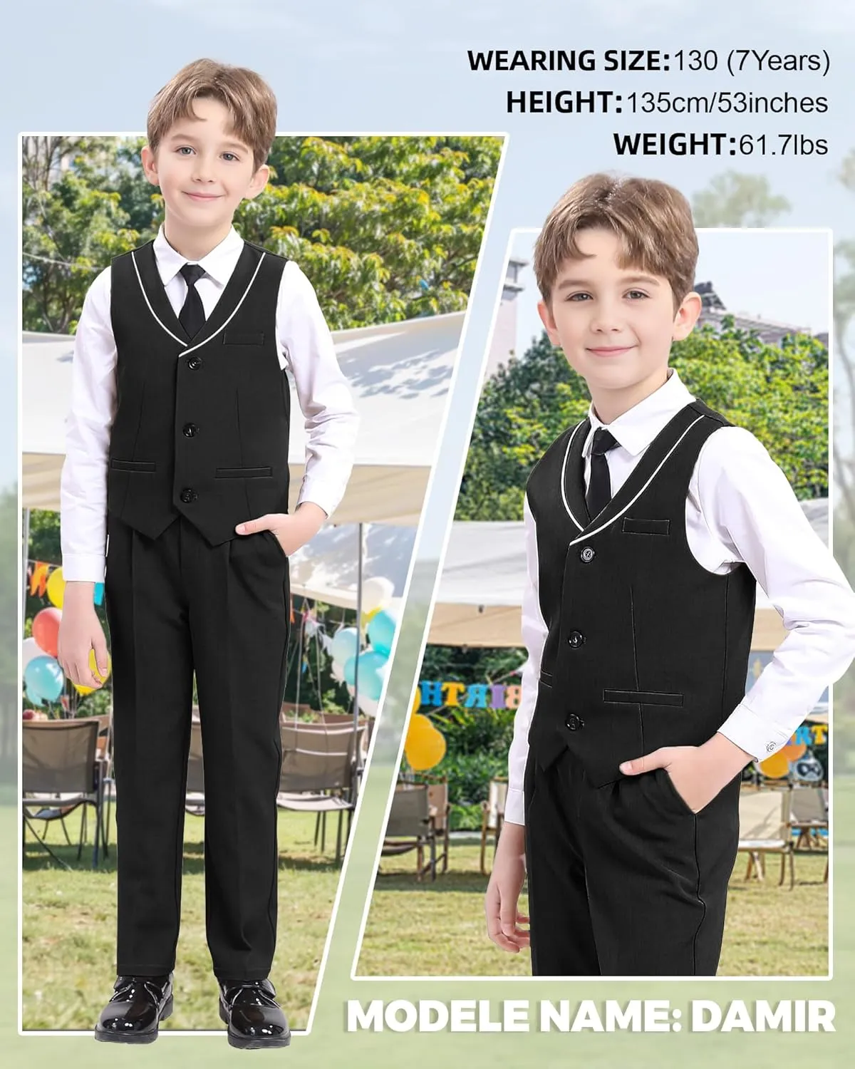 LOLANTA Boys 4-Piece Formal Suit, Wedding Ring Bearer Outfit Vest Suit Pants with White Dress Shirt and Tie for 3-14 Years