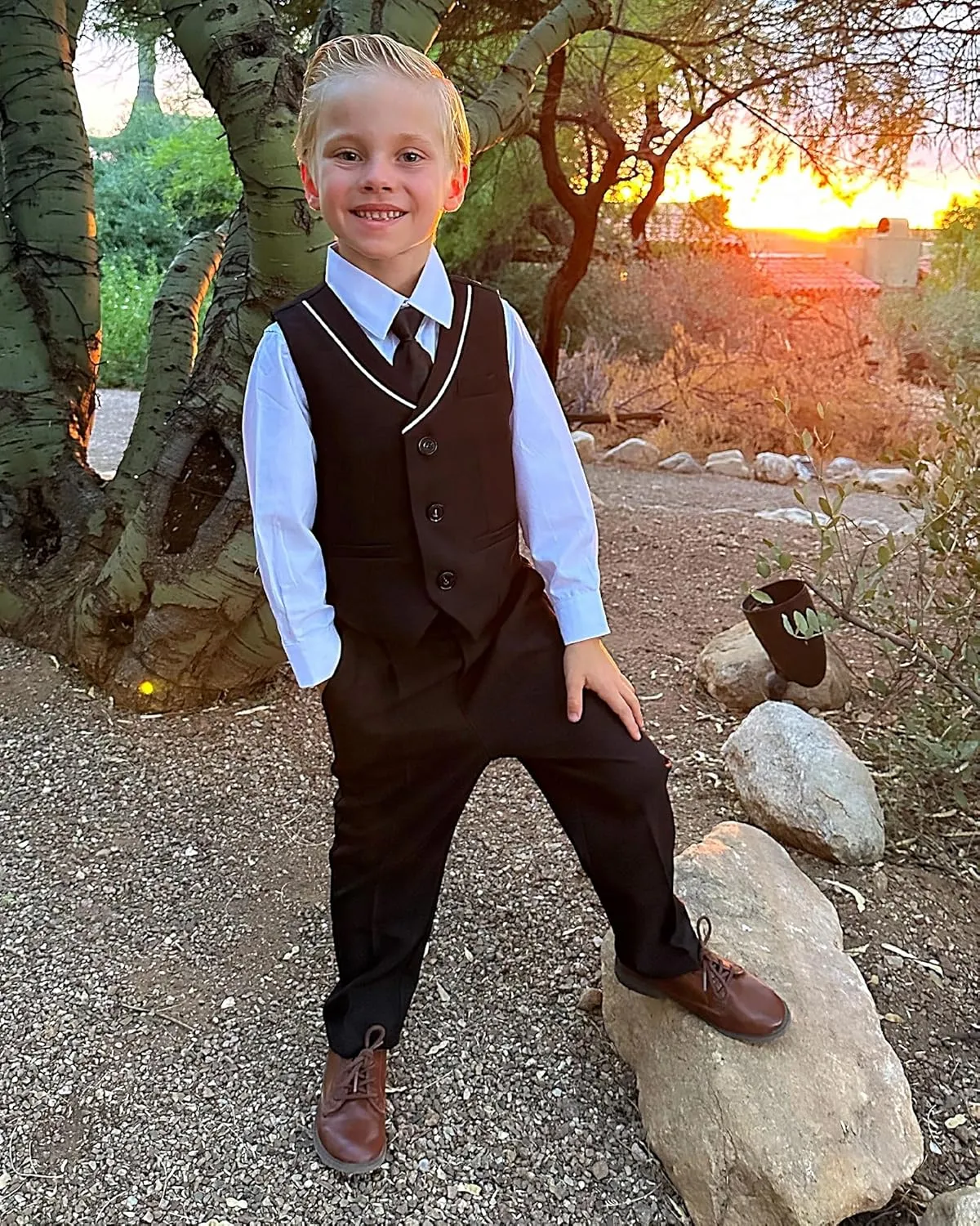 LOLANTA Boys 4-Piece Formal Suit, Wedding Ring Bearer Outfit Vest Suit Pants with White Dress Shirt and Tie for 3-14 Years