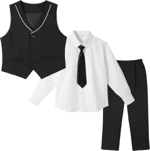 LOLANTA Boys 4-Piece Formal Suit, Wedding Ring Bearer Outfit Vest Suit Pants with White Dress Shirt and Tie for 3-14 Years