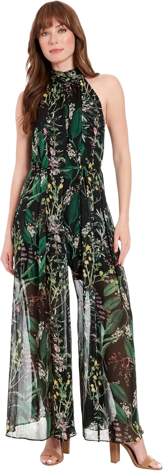 London Times womens Ruched Collar Halter-neck Maxi Jumpsuit - Elegant Sleeveless Flowy Wide-leg Floral Occasion Jumpsuit