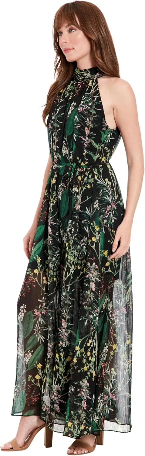 London Times womens Ruched Collar Halter-neck Maxi Jumpsuit - Elegant Sleeveless Flowy Wide-leg Floral Occasion Jumpsuit