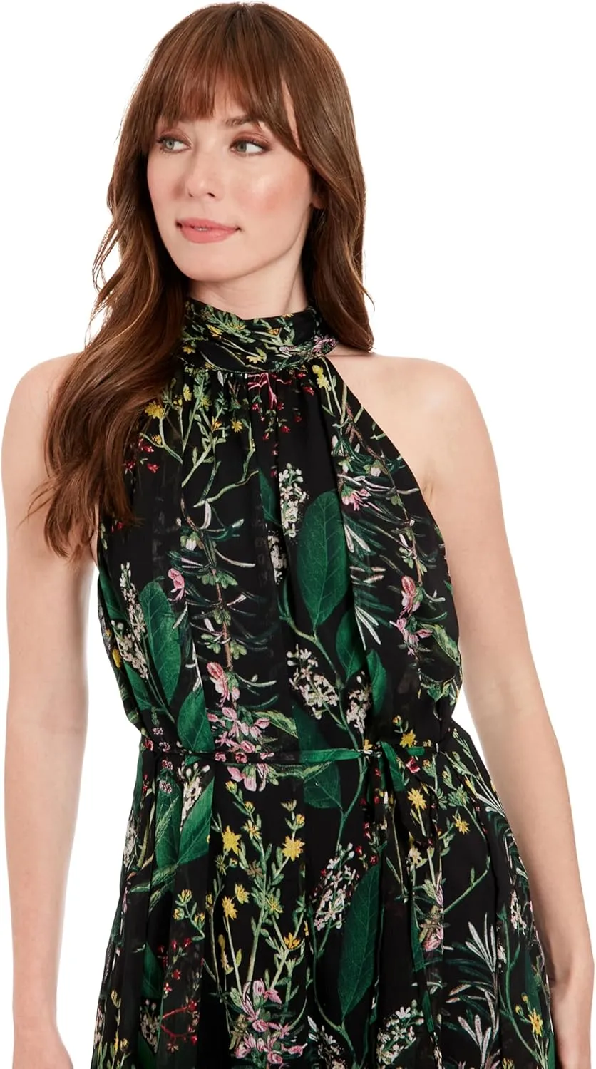London Times womens Ruched Collar Halter-neck Maxi Jumpsuit - Elegant Sleeveless Flowy Wide-leg Floral Occasion Jumpsuit